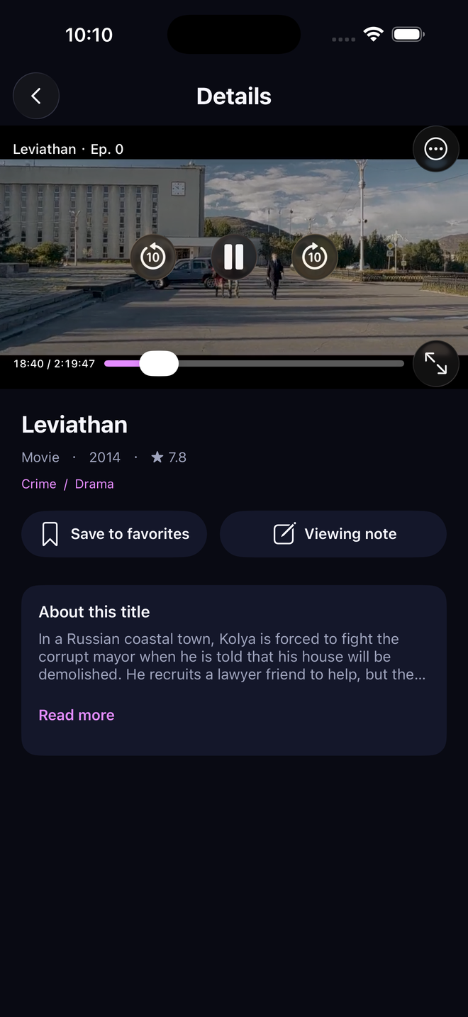 Title details with video player, favorites and viewing notes