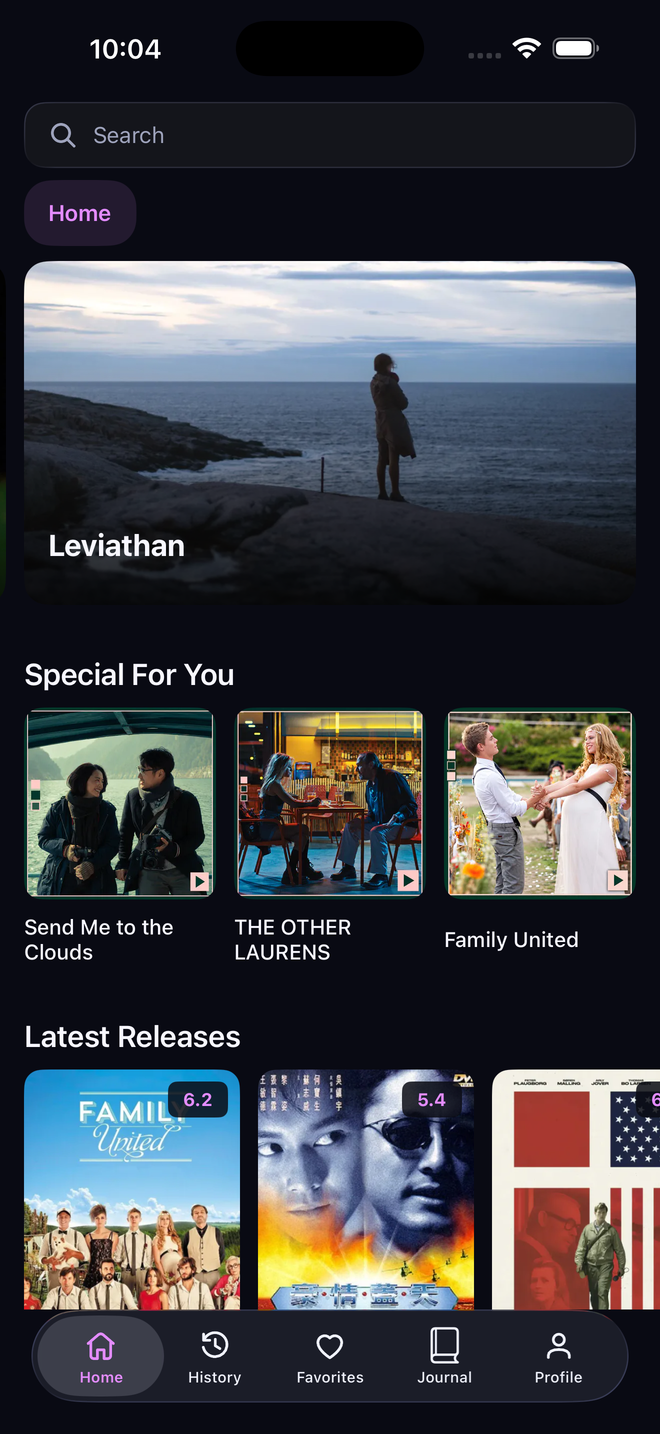 Home screen showing movie discovery and recommendations